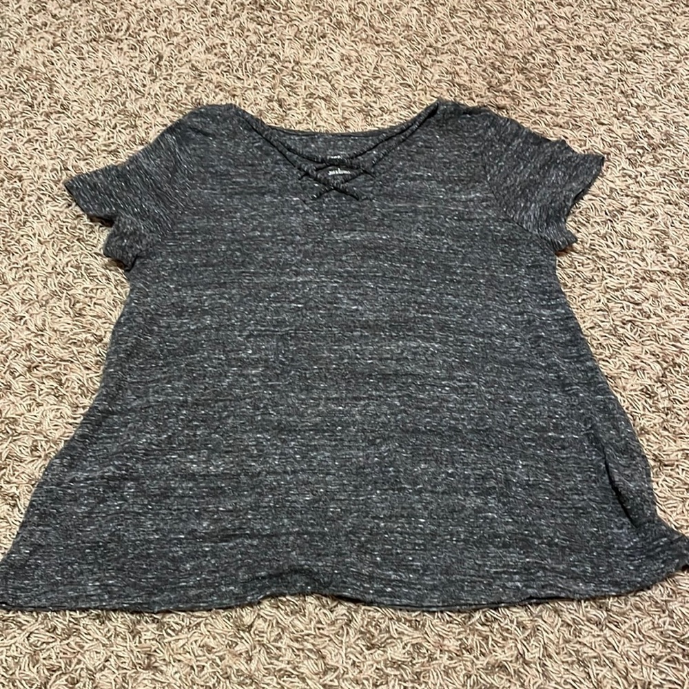 dark grey with white speckles shirt with crosses by neck, size:small